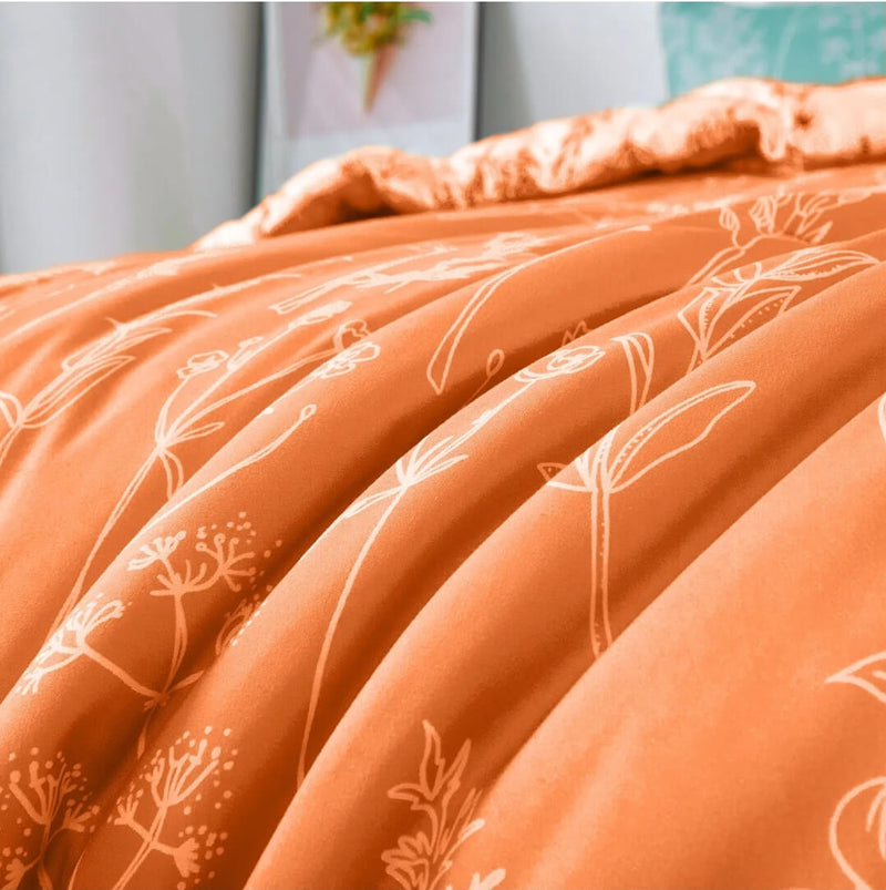 Orange Floral Style Reversible Comforter Set-Quilt Set (3Pcs)