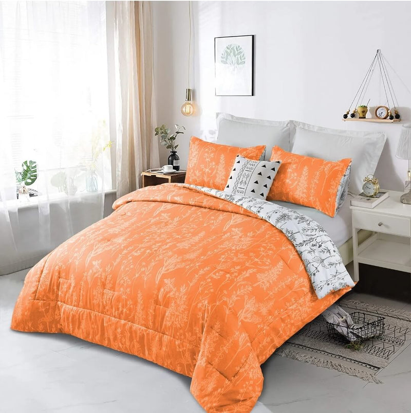 Orange Floral Style Reversible Comforter Set-Quilt Set (3Pcs)