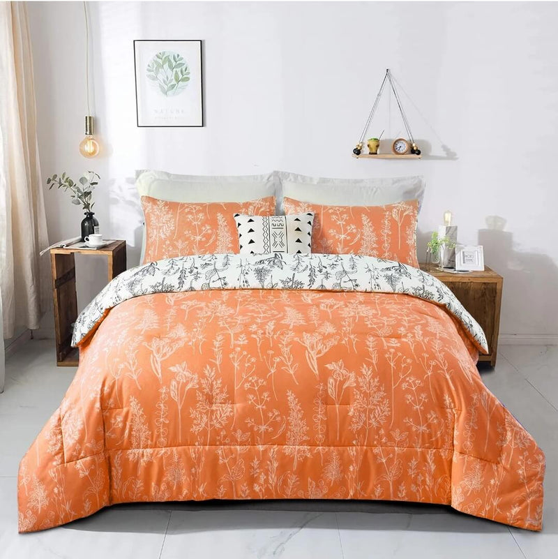 Orange Floral Style Reversible Comforter Set-Quilt Set (3Pcs)