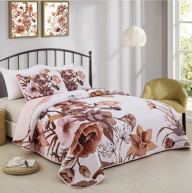 Baby Pink Floral Quilted Bedspread Coverlet Sets (3Pcs)