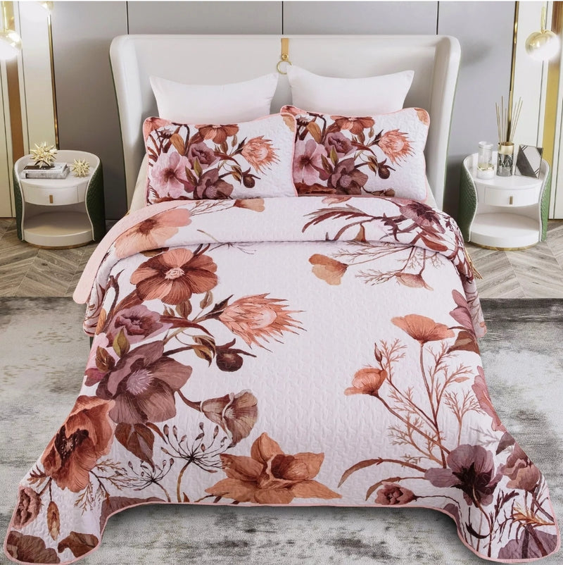 Baby Pink Floral Quilted Bedspread Coverlet Sets (3Pcs)