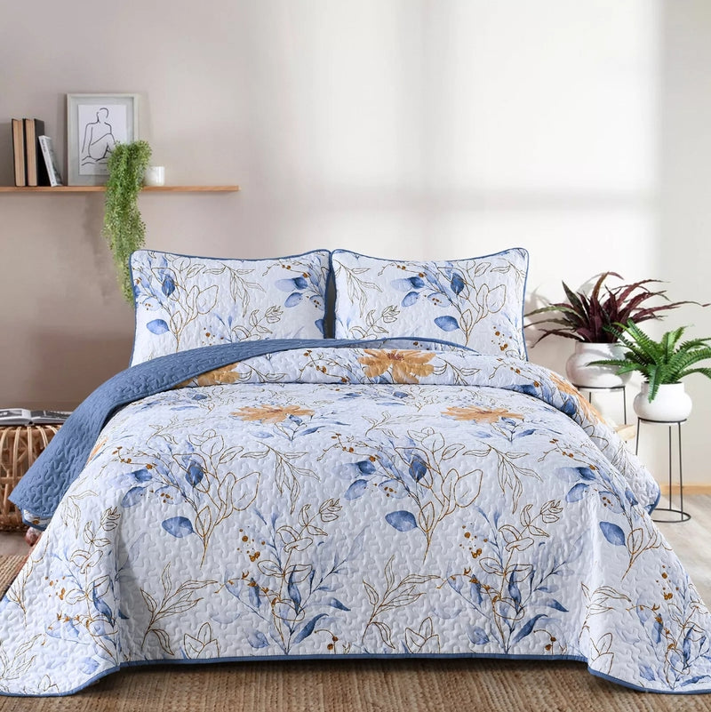 Navy Blue Floral Coverlet Set-Quilted Bedspread Set (3Pcs)