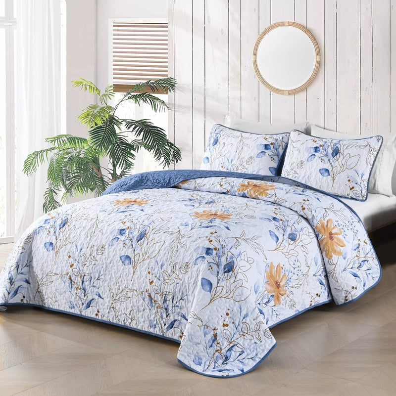 Navy Blue Floral Coverlet Set-Quilted Bedspread Set (3Pcs)