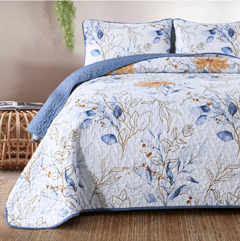 Navy Blue Floral Coverlet Set-Quilted Bedspread Set (3Pcs)