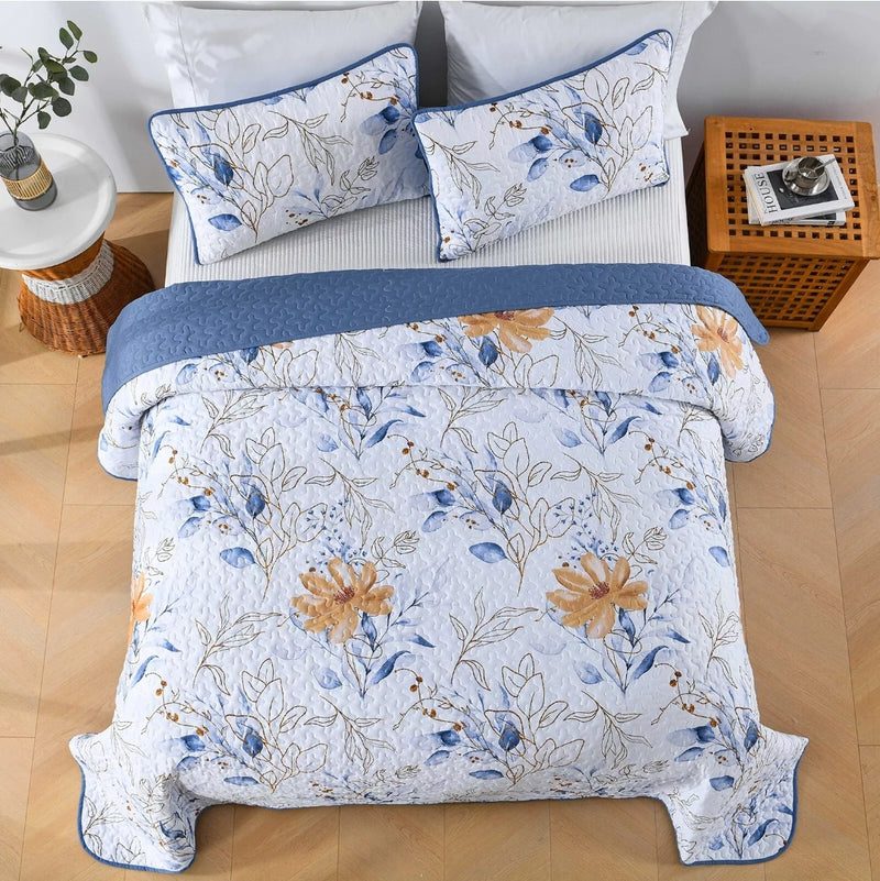 Navy Blue Floral Coverlet Set-Quilted Bedspread Set (3Pcs)