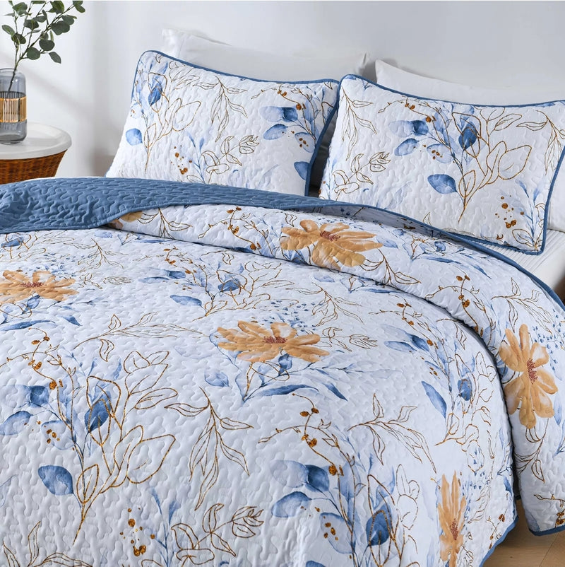 Navy Blue Floral Coverlet Set-Quilted Bedspread Set (3Pcs)