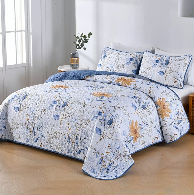 Navy Blue Floral Coverlet Set-Quilted Bedspread Set (3Pcs)