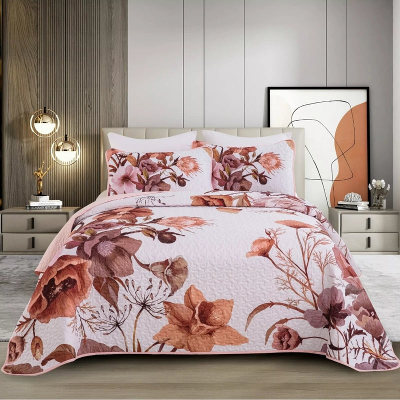 Baby Pink Floral Quilted Bedspread Coverlet Sets (3Pcs)