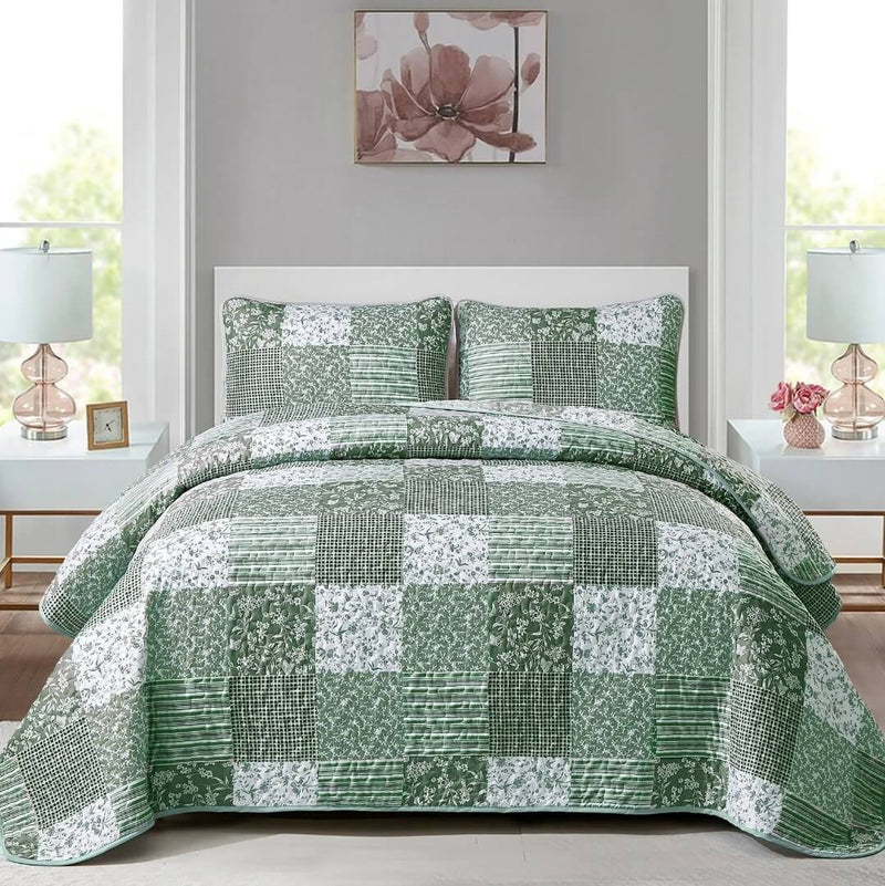 2025 Green Patchwork Quilted Bedspread Coverlet Sets (3Pcs)