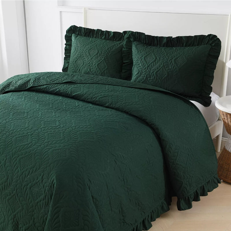 2025 Dark Green Coverlet Set-Quilted Bedspread Sets (3Pcs)