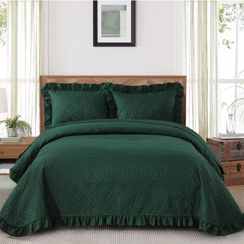2025 Dark Green Coverlet Set-Quilted Bedspread Sets (3Pcs)