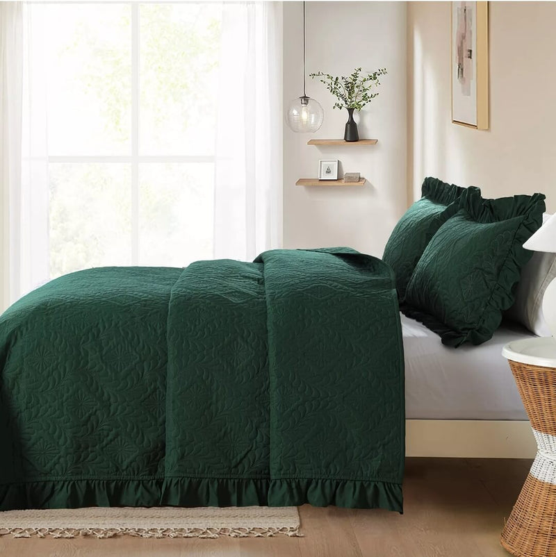 2025 Dark Green Coverlet Set-Quilted Bedspread Sets (3Pcs)