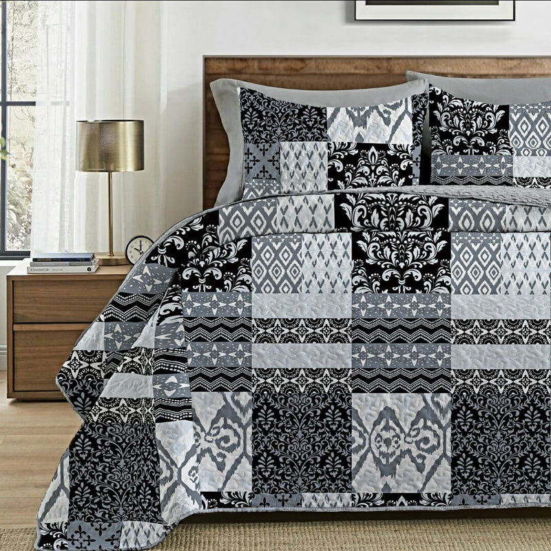 2025 Grey Patchwork Bedspread Set – 3 Piece Quilted Coverlet Set