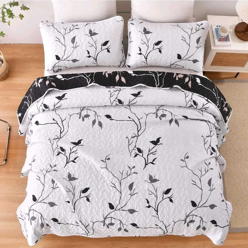 Black & White Floral Coverlet Set-Quilted Bedspread Sets (3Pcs)