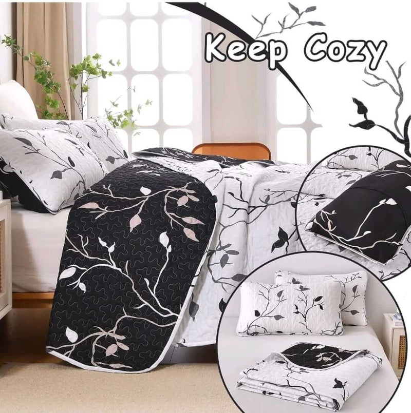 Black & White Floral Coverlet Set-Quilted Bedspread Sets (3Pcs)