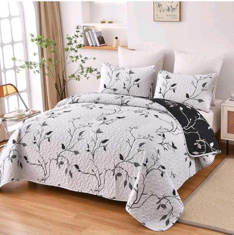 Black & White Floral Coverlet Set-Quilted Bedspread Sets (3Pcs)