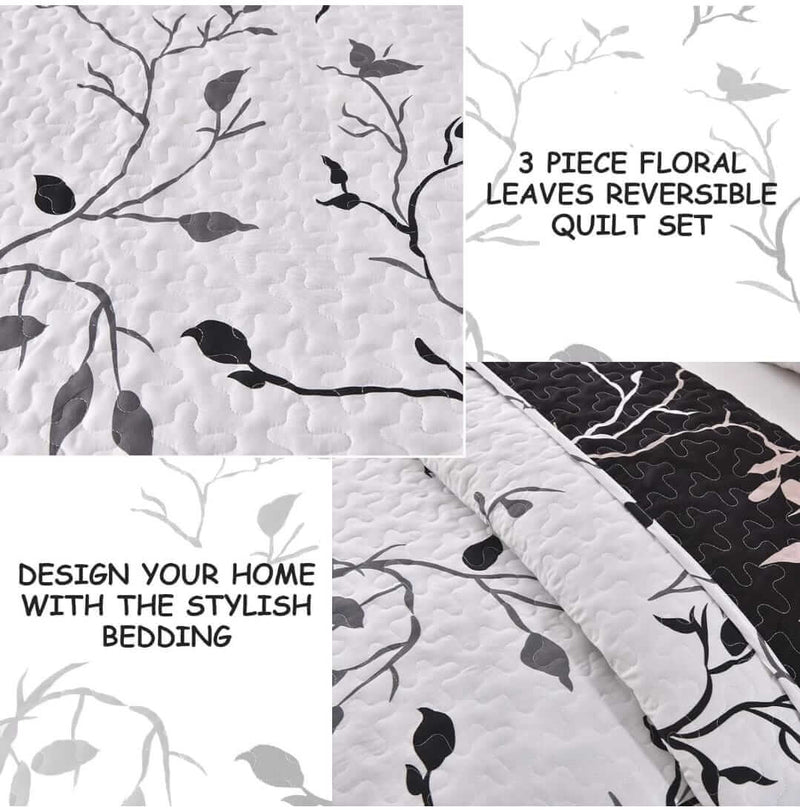 Black & White Floral Coverlet Set-Quilted Bedspread Sets (3Pcs)