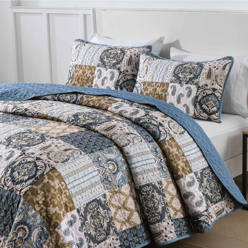 2025 Blue Checked Quilted Bedspreads Coverlet Set (3Pcs)
