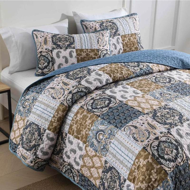 2025 Blue Checked Quilted Bedspreads Coverlet Set (3Pcs)