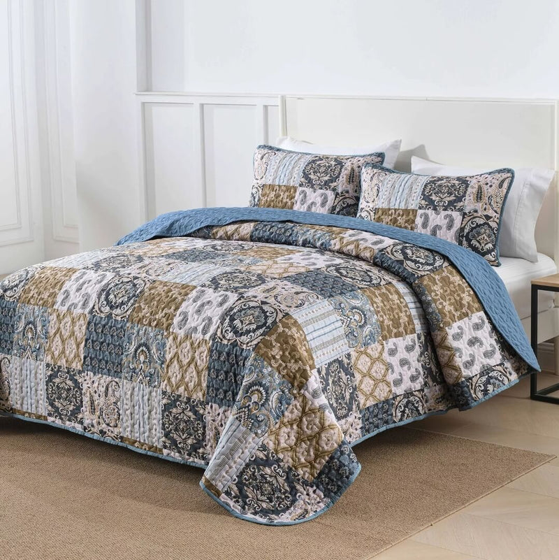 2025 Blue Checked Quilted Bedspreads Coverlet Set (3Pcs)