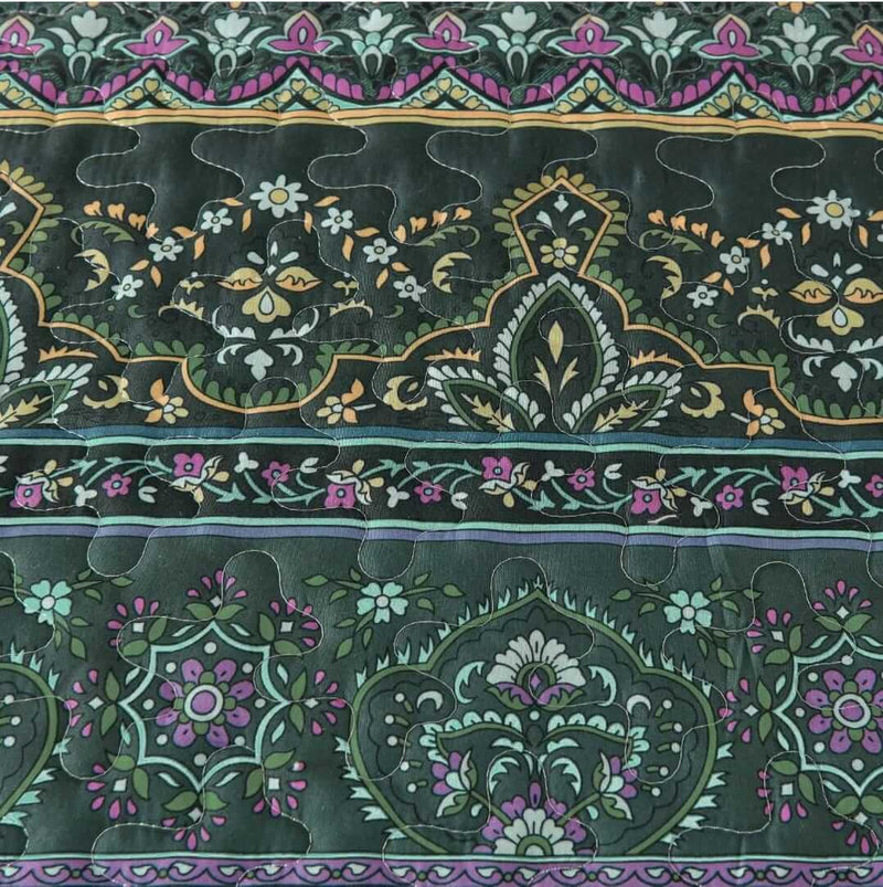 Dark Green Mandala Indian Bedspread Set – 3 Piece Boho Quilted Coverlet