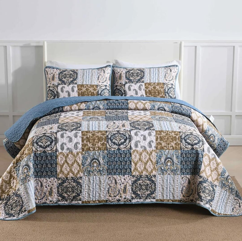 2025 Blue Checked Quilted Bedspreads Coverlet Set (3Pcs)
