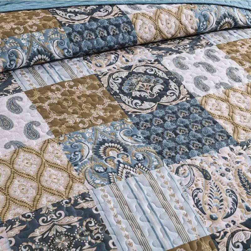 2025 Blue Checked Quilted Bedspreads Coverlet Set (3Pcs)