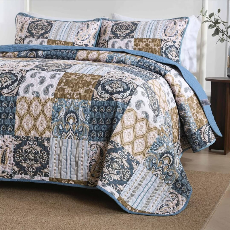 2025 Blue Checked Quilted Bedspreads Coverlet Set (3Pcs)