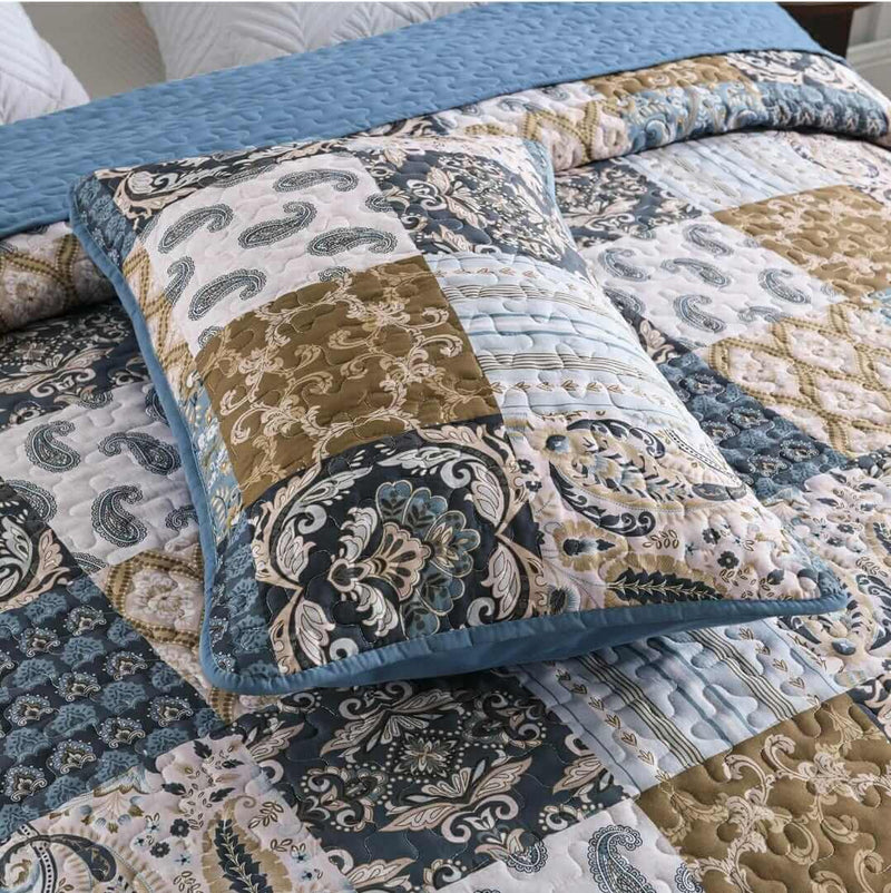 2025 Blue Checked Quilted Bedspreads Coverlet Set (3Pcs)