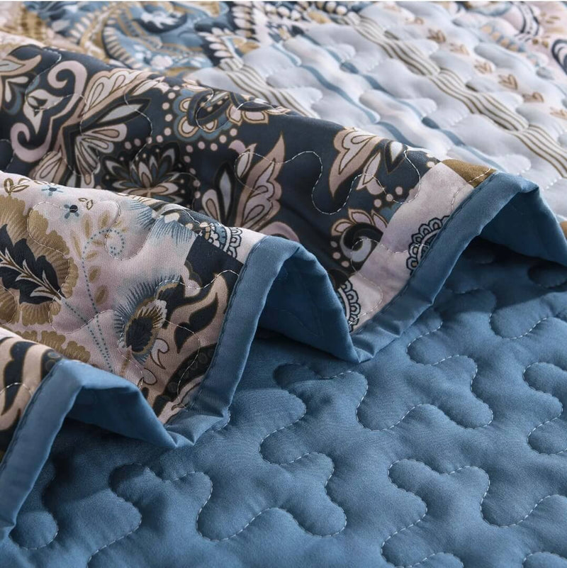 2025 Blue Checked Quilted Bedspreads Coverlet Set (3Pcs)