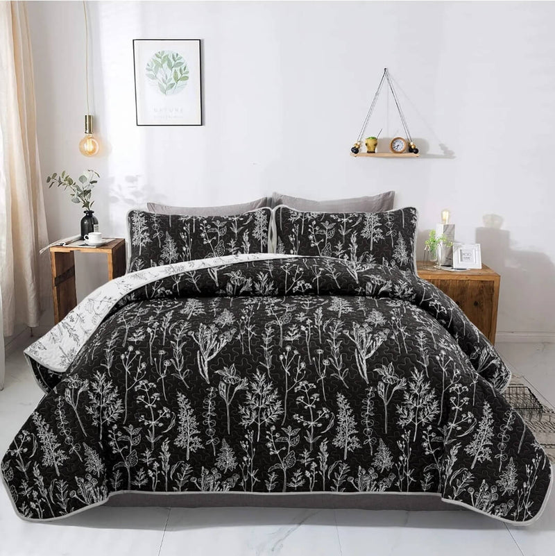 Black Floral Reversible Coverlet Set-Quilted Bedspread Sets (3Pcs)