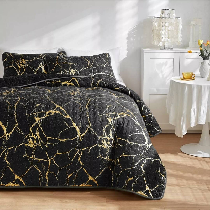 Black Gold Coverlet Set-Quilted Bedspread Sets (3Pcs)