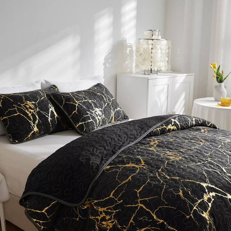 Black Gold Coverlet Set-Quilted Bedspread Sets (3Pcs)