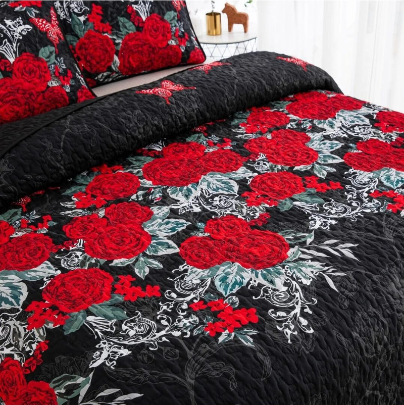 Black Rose Coverlet Set-Quilted Bedspread Sets (3Pcs)