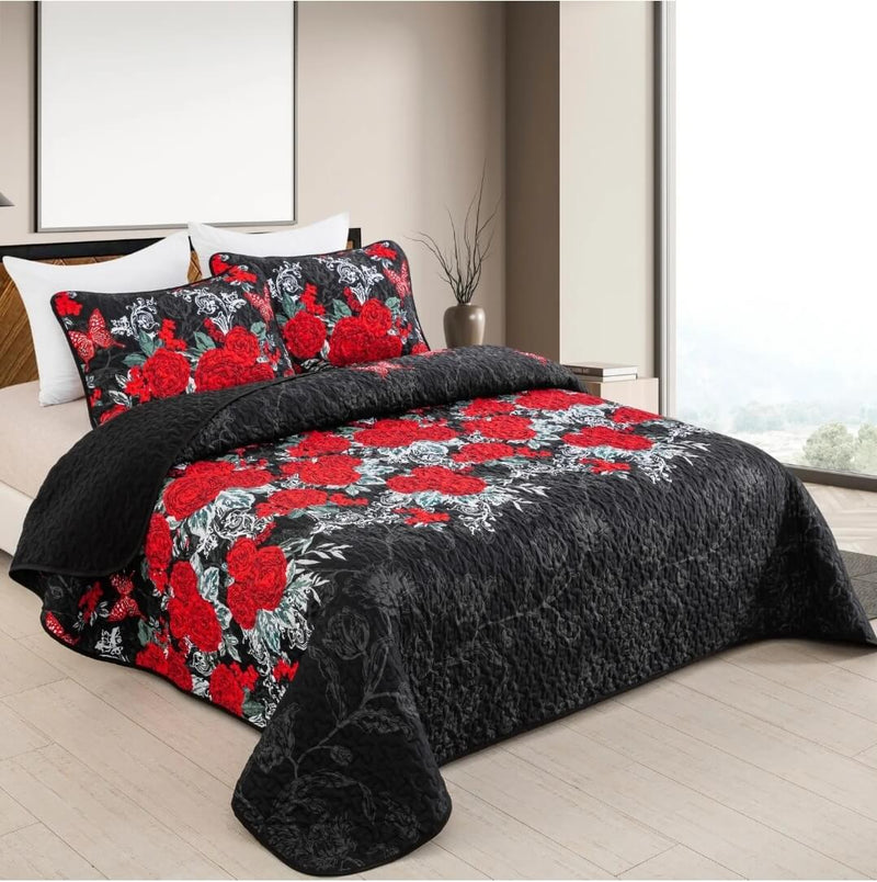 Black Rose Coverlet Set-Quilted Bedspread Sets (3Pcs)