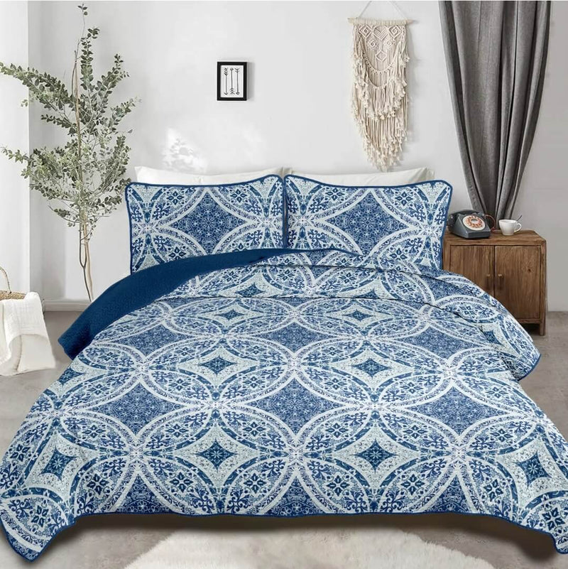 Blue Floral Patchwork Coverlet Set-Quilted Bedspread Sets (3Pcs)