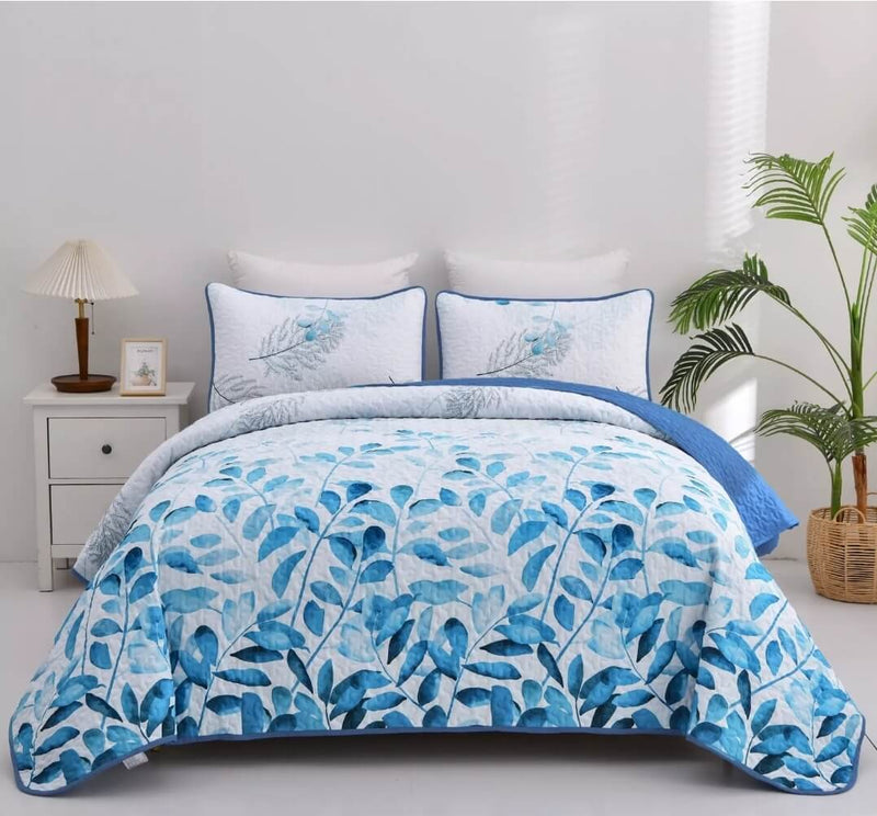Sky Blue Botanical Quilted Bedspread Coverlet Sets (3Pcs)