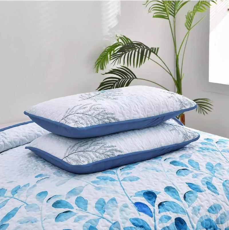 Sky Blue Botanical Quilted Bedspread Coverlet Sets (3Pcs)