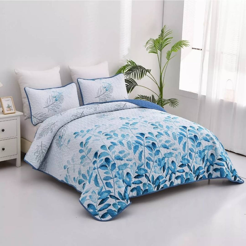 Sky Blue Botanical Quilted Bedspread Coverlet Sets (3Pcs)