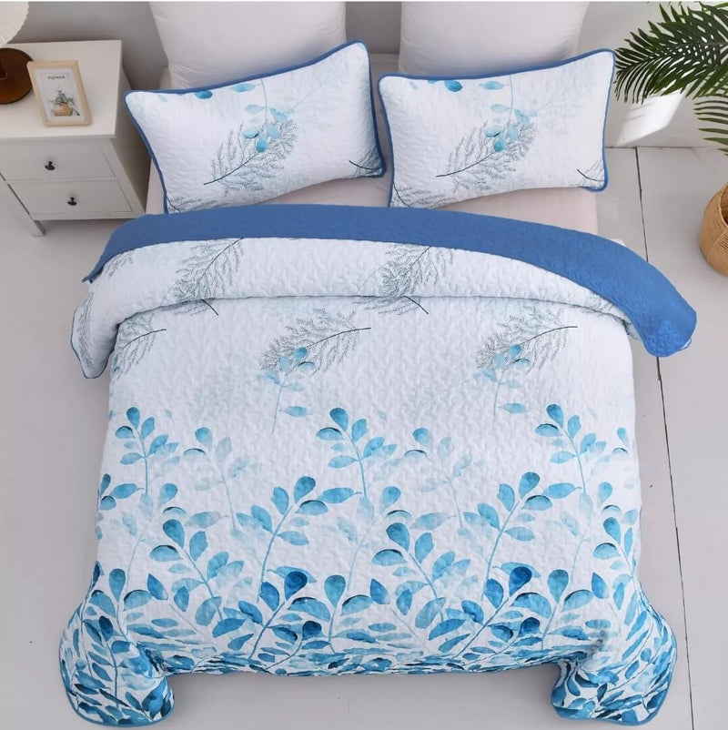 Sky Blue Botanical Quilted Bedspread Coverlet Sets (3Pcs)