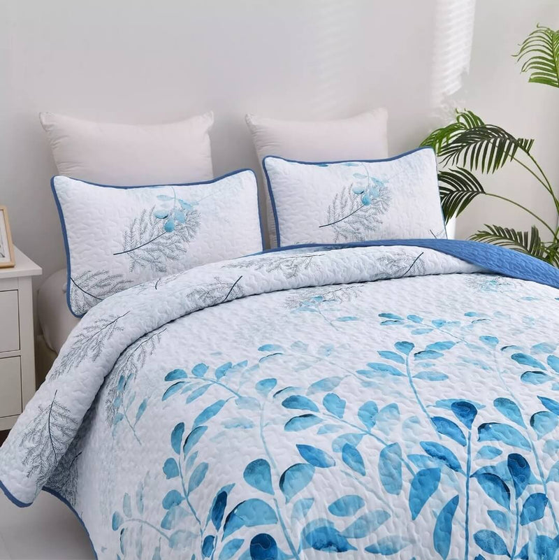 Sky Blue Botanical Quilted Bedspread Coverlet Sets (3Pcs)