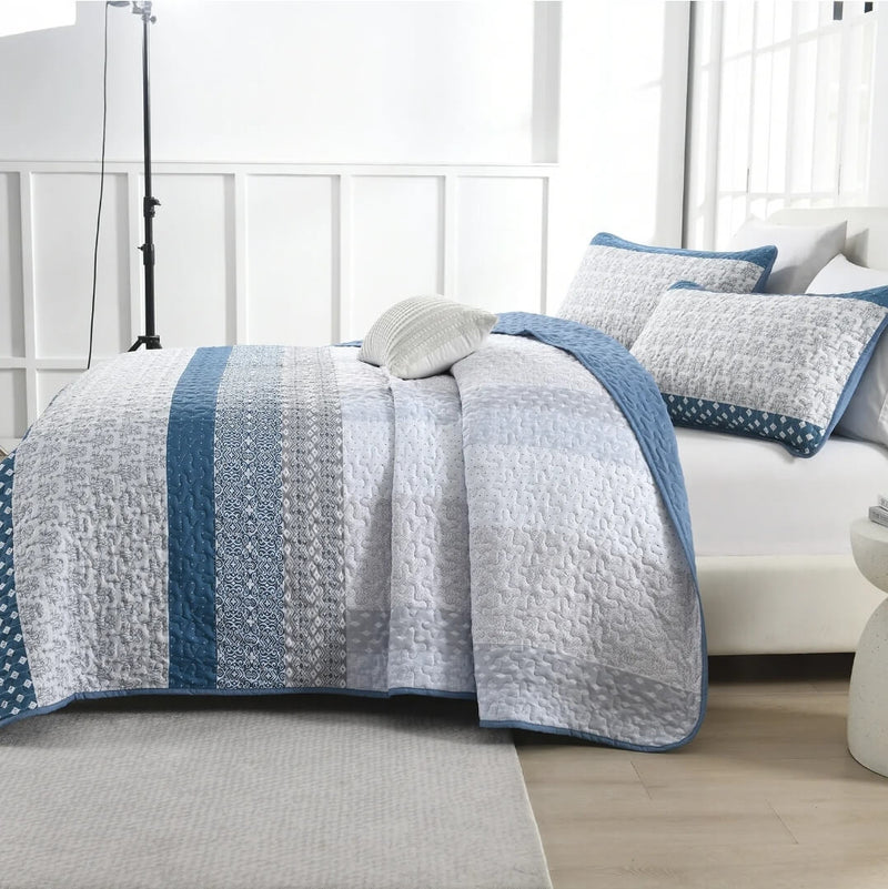 2025 Blue Striped Quilted Bedspread Coverlet Sets (3Pcs)
