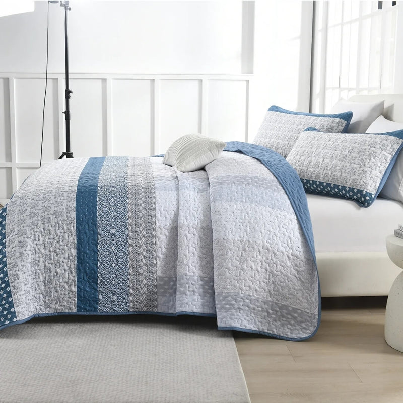 Blue Striped Patchwork Bedspread Coverlet Sets (3Pcs)