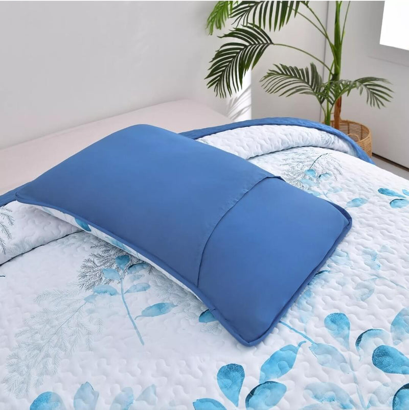 Sky Blue Botanical Quilted Bedspread Coverlet Sets (3Pcs)