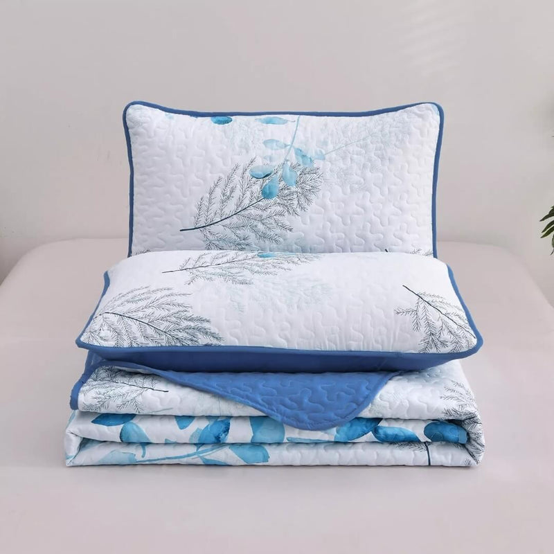 Sky Blue Botanical Quilted Bedspread Coverlet Sets (3Pcs)
