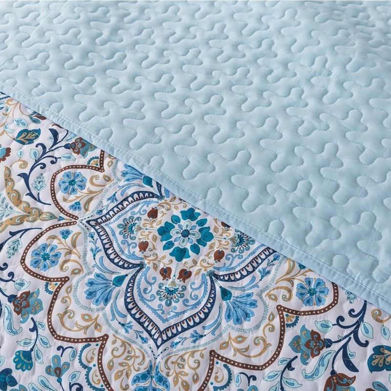 Blue INDIAN Coverlet Set-Floral Quilted Bedspread Sets (3Pcs)