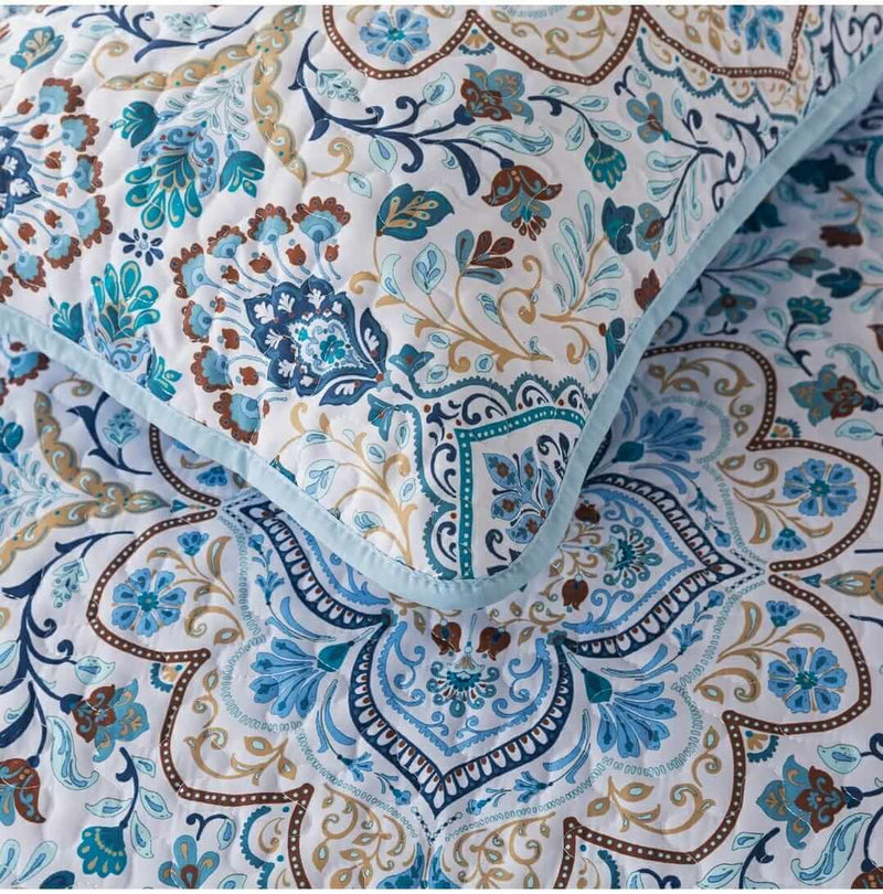 Blue INDIAN Coverlet Set-Floral Quilted Bedspread Sets (3Pcs)