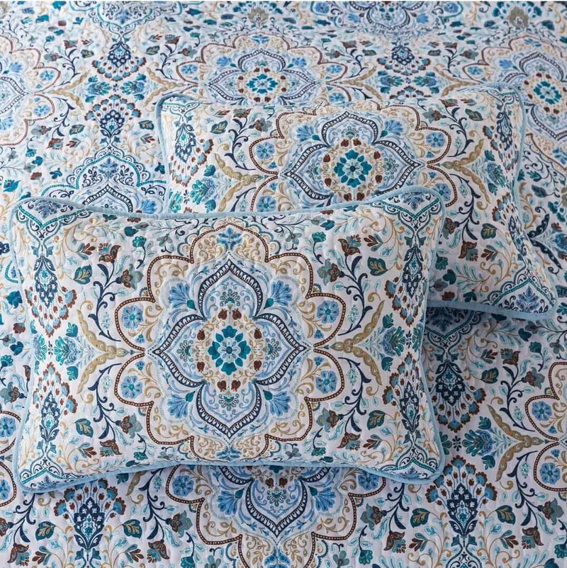 Blue INDIAN Coverlet Set-Floral Quilted Bedspread Sets (3Pcs)