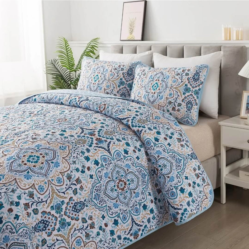 Blue INDIAN Coverlet Set-Floral Quilted Bedspread Sets (3Pcs)