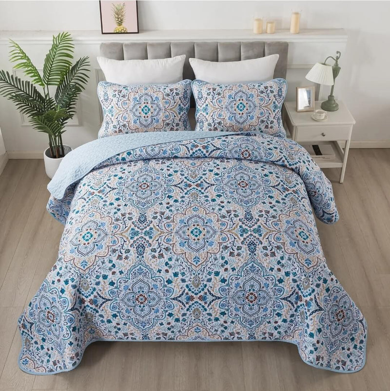 Blue INDIAN Coverlet Set-Floral Quilted Bedspread Sets (3Pcs)